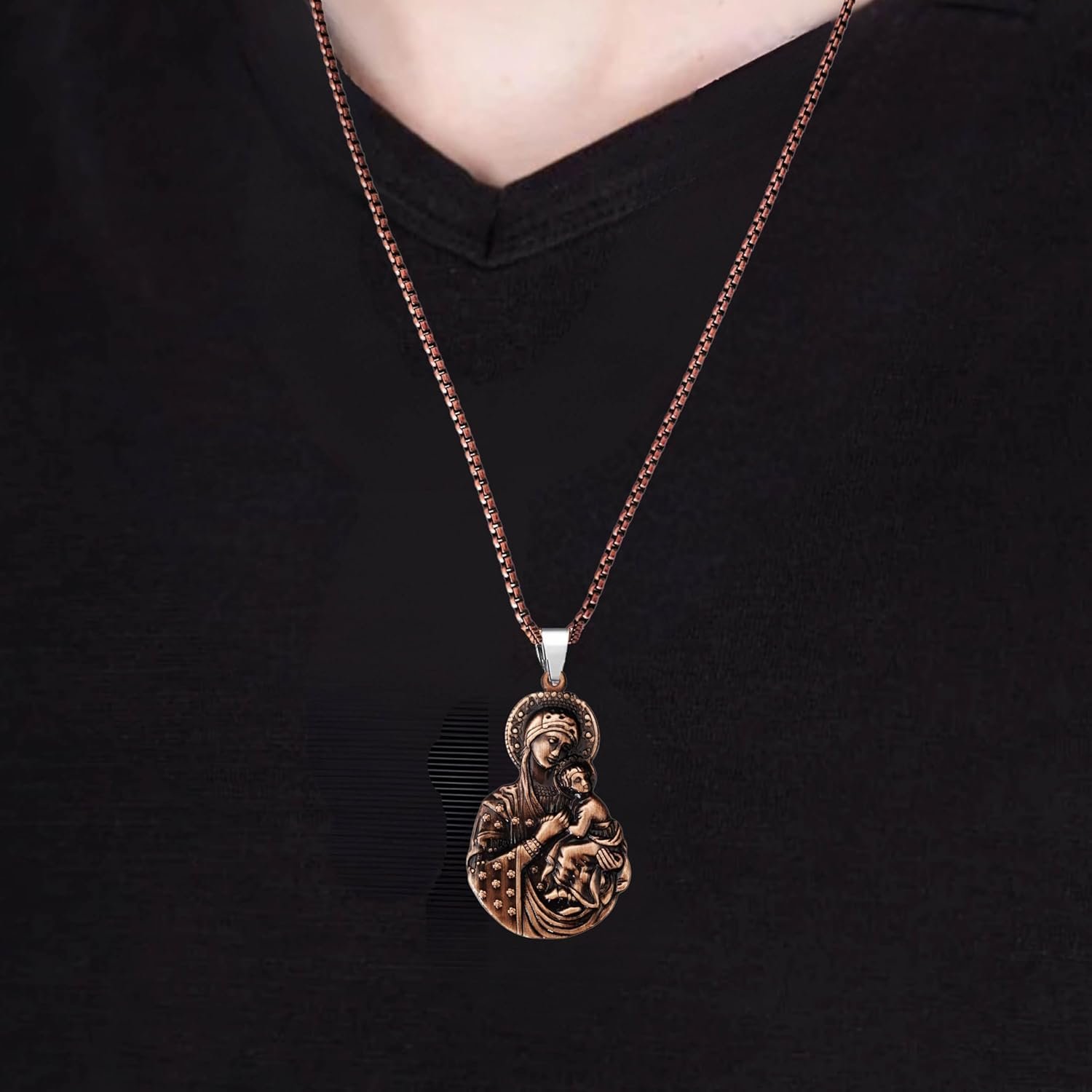 M Men Style Virgin Mary & Baby Jesus Pendant Necklace for Men & Women | Antique Copper-Tone Religious Pendant with 22 Inch Chain | Christian Faith Jewelry Gift Copper SPn2025345 - Image 4