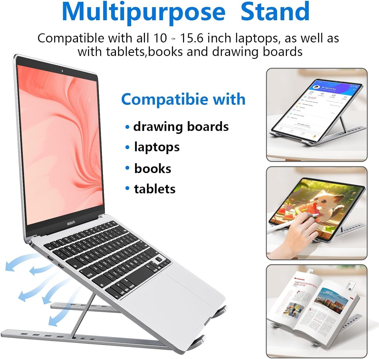 6 Angles Adjustable Aluminum Foldable Portable Tabletop Laptop/Desktop Riser Stand Holder Compatible for MacBook, HP, Dell, Lenovo & All Other Notebook (Silver) - Image 6