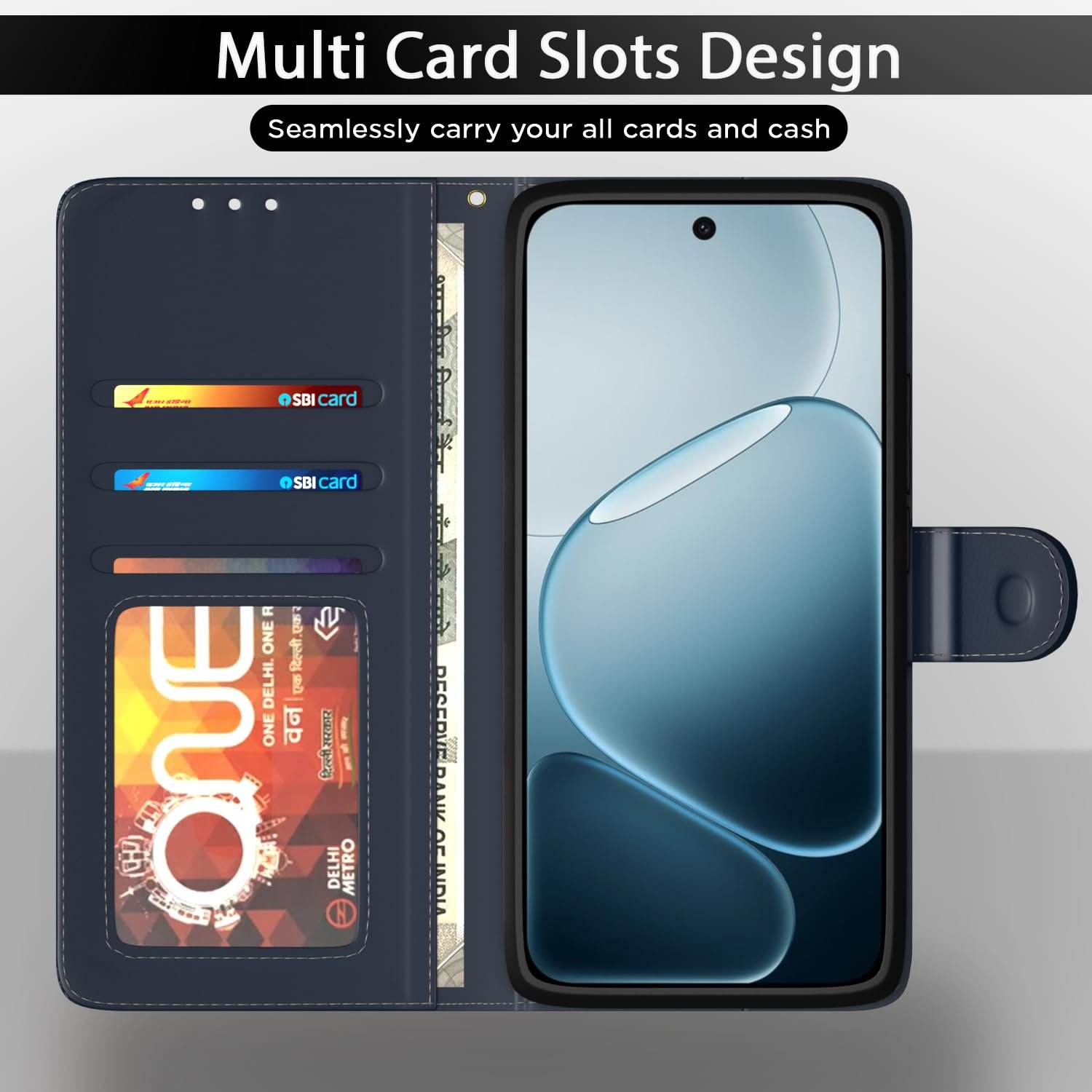 Pikkme Flip Cover for Oppo F31 Pro Plus 5G | Leather Finish | Wallet Stand and Shock Proof | Complete Protection Flip Case (Blue) - Image 5