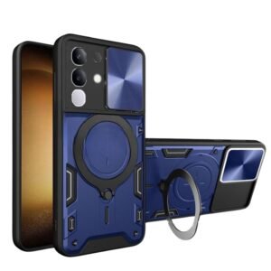 SPAZY CASE® Vivo T4x 5G / iQOO Z10x 5G Back Case | Hybrid Case with 360 Degree Rotating Finger Ring Holder + Slider Shutter Camera Protection Case for Vivo T4x 5G / iQOO Z10x 5G – Blue