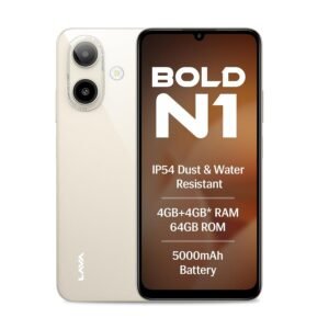 Lava Bold N1 (Sparkling Ivory, 4 GB RAM, 64 GB Storage)| 6.75″ (90 Hz) HD+ Display | 13MP AI Dual Rear Camera | 5000 mAh Battery | Secure Face Unlock | Fingerprint Reader | Charger & Phone-Case in Box