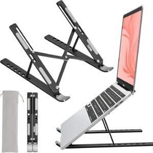 Premium Metal Laptop Stand Foldable, Aluminum Note Book Stand Portable Any Laptop Stand Adjustable Height/OverHeating Protection Laptops/MacBooks/Table and Many More (Metallic Black, MLS002)