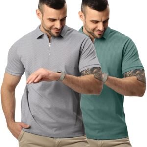 LEOTUDE Men’s Stylist Polo Collor Zipper Neck Regular Fit Cottonblend Half Sleeve Solid Tshirts (Colour: Grey)