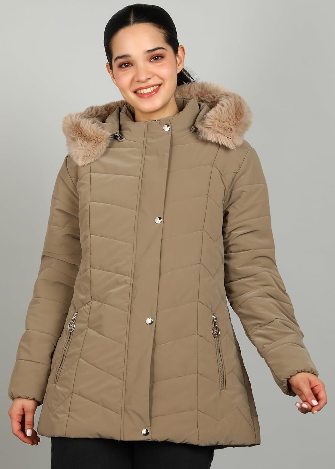 ELLIPSE Women's Winter Jacket with Detachable Hood & Faux Fur | Nylon Puffer Jacket with 3 Pockets | Warm Upto -20°C to 10°C | Regular Length - Image 2