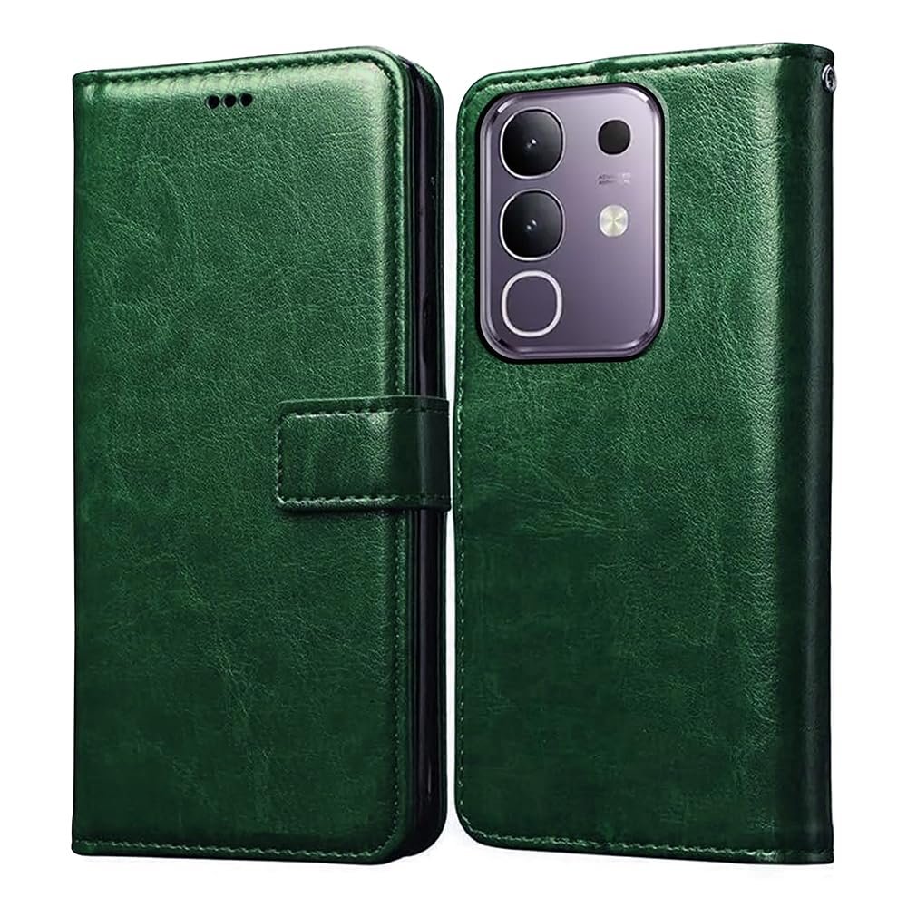 Flip Cover Back Case for Vivo T4x 5G / iQOO Z10x 5G | Premium Leather Finish | Inbuilt Pockets & Stand | Flip Cover Back Case for Vivo T4x 5G / Y29 4G / Y31 Pro 5G / iQOO Z10x 5G (Green)