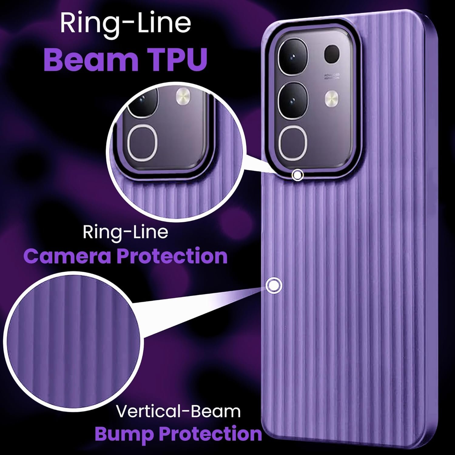 ArmourPro IQOO Z10x 5G / Vivo T4x 5G (6.72 Inches) Back Cover | Ring Line Camera Protection | Vertical Beam Bump Protection | Soft Rubberised Ring Line Beam Back Case (Purple) - Image 3