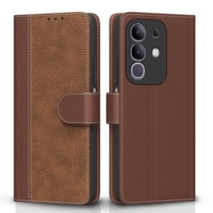 Amazon Basics Flip Cover for Vivo T4x 5G / iQOO Z10x 5G | Leather Finish | Wallet Stand and Shock Proof | Complete Protection Flip Case (Tan)