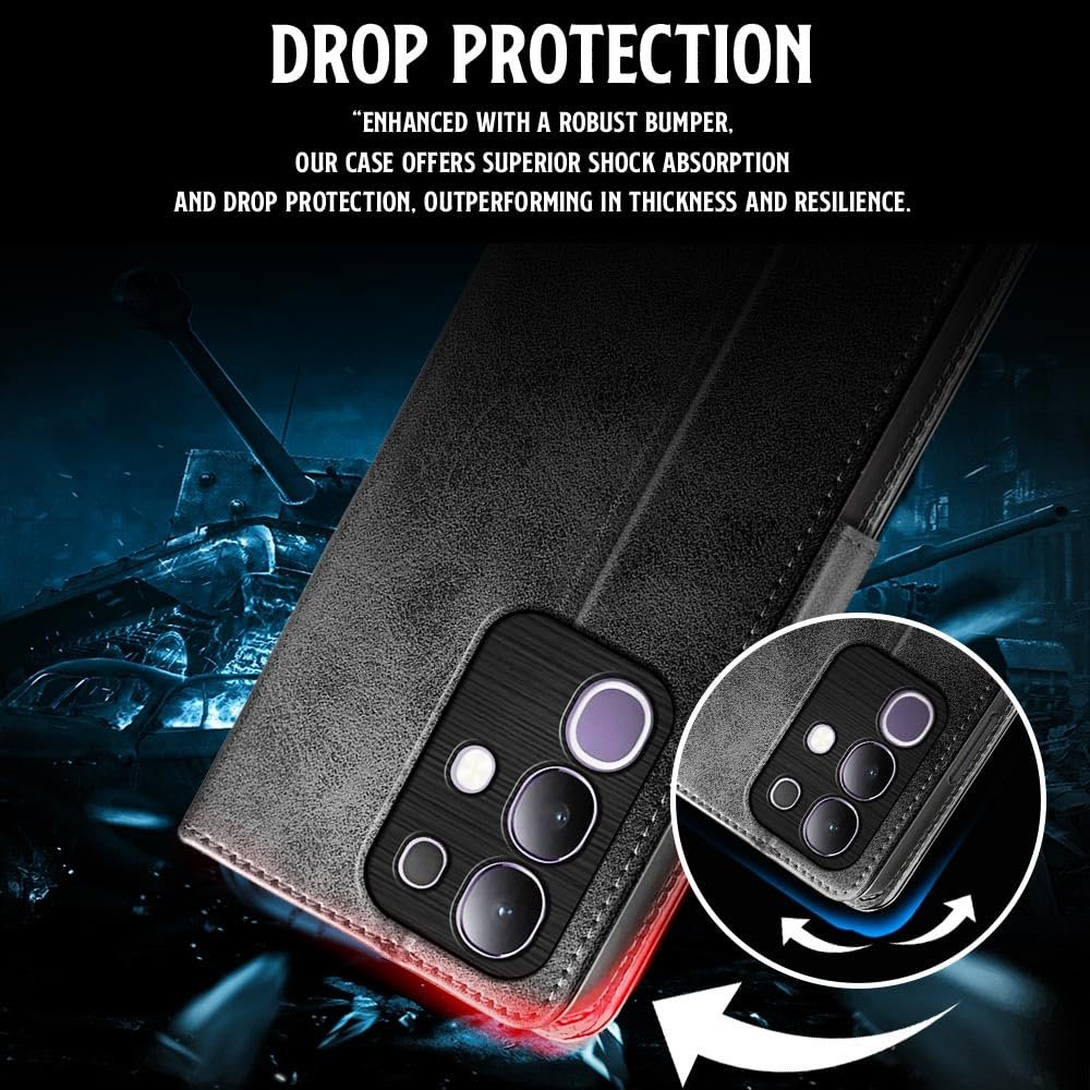 WOW IMAGINE Shock Proof Flip Cover Back Case for Vivo T4x 5G | iQoo Z10x 5G | Vivo Y31 Pro 5G (Magnetic Button Flip Case | Wallet Pockets & Stand | Leather Finish | Haze Black) - Image 4