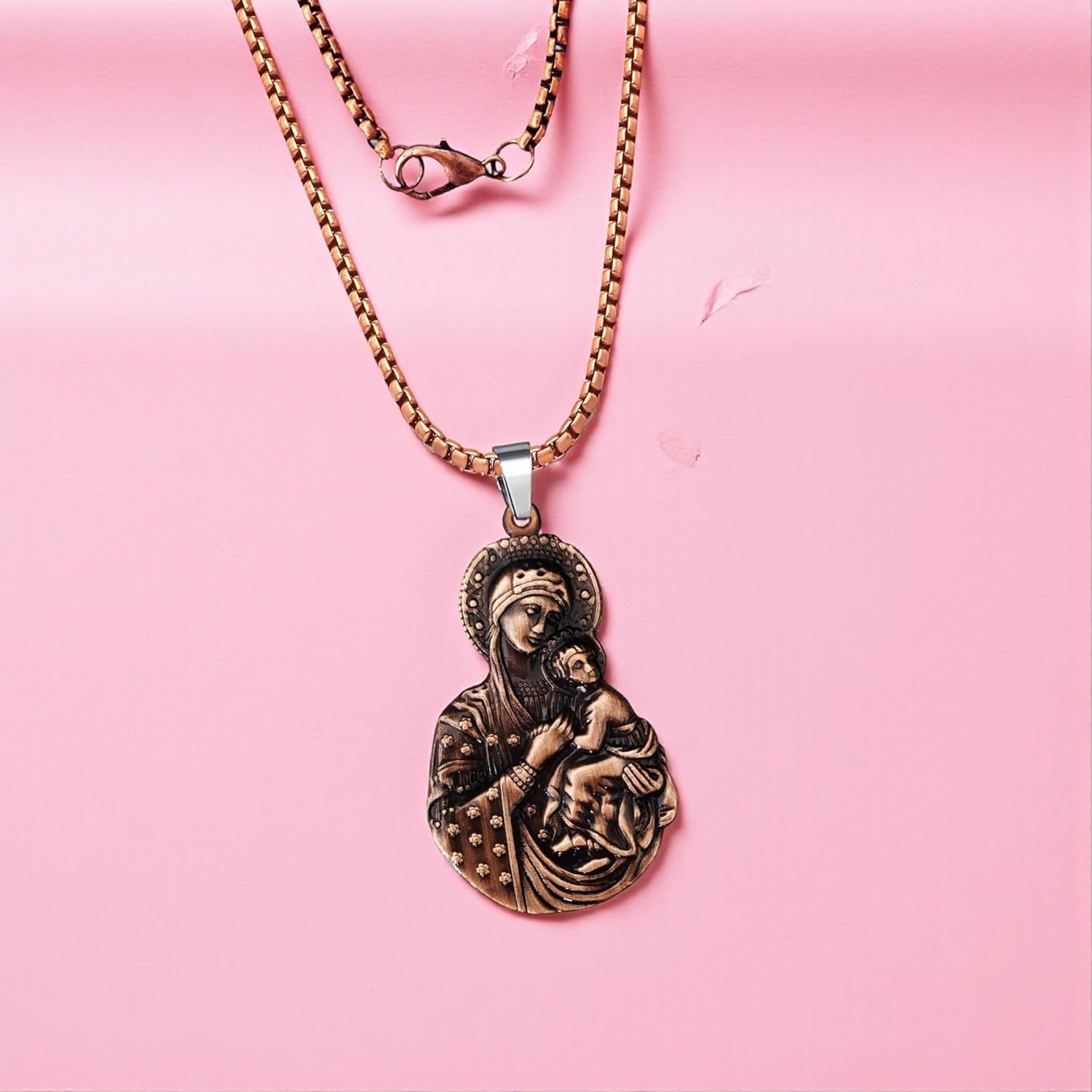 M Men Style Virgin Mary & Baby Jesus Pendant Necklace for Men & Women | Antique Copper-Tone Religious Pendant with 22 Inch Chain | Christian Faith Jewelry Gift Copper SPn2025345 - Image 6