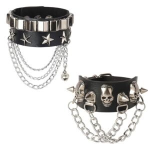 2pcs Gothic Jewellery PU Leather Bracelet Punk Bracelet Adjustable Goth Cuff Bracelet Gothic Rivet Buckle Wristband for Men Women-skull chain