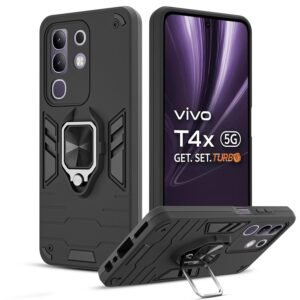 A rtistque Armor Back Case Cover for Vivo T4x 5G/ iQoo Z10x 5G/ Vivo Y31 Pro 5G | Stylish Ring Holder & Inbuilt Stand | Shockproof TPU Protective Design | 360 Degree | Vivo T4x 5G Back Cover – Black