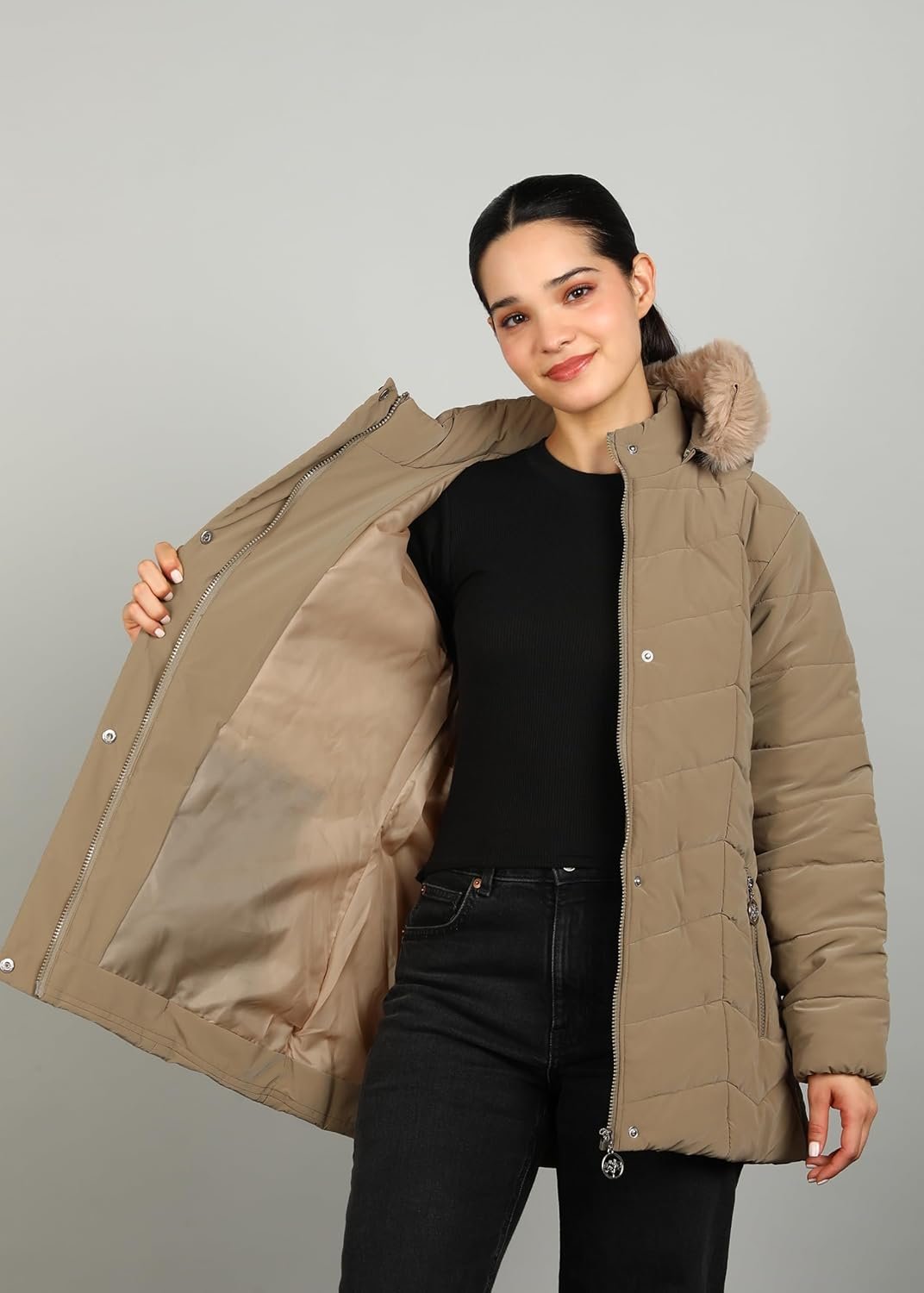 ELLIPSE Women's Winter Jacket with Detachable Hood & Faux Fur | Nylon Puffer Jacket with 3 Pockets | Warm Upto -20°C to 10°C | Regular Length - Image 8