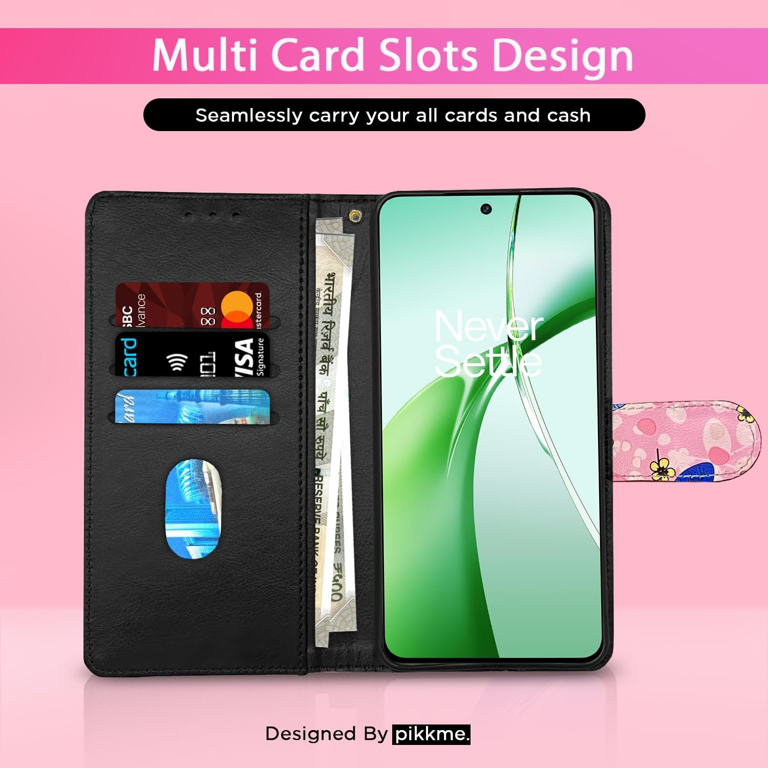 Pikkme OnePlus Nord CE 4 5G Flip Cover for Girls Leather Finish | Inside TPU with Card Pockets | Wallet Stand and Shock Proof | Complete Protection Flip Case (Pink Flower) - Image 2