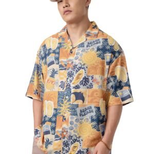 The Souled Store: Tropical Men and Boys Short Sleeve Cuban Collar Yellow All Over Printed Drop Shoulder Aesthetic Summer Ready Casual Streetwear Rayon Oversized Shirt
