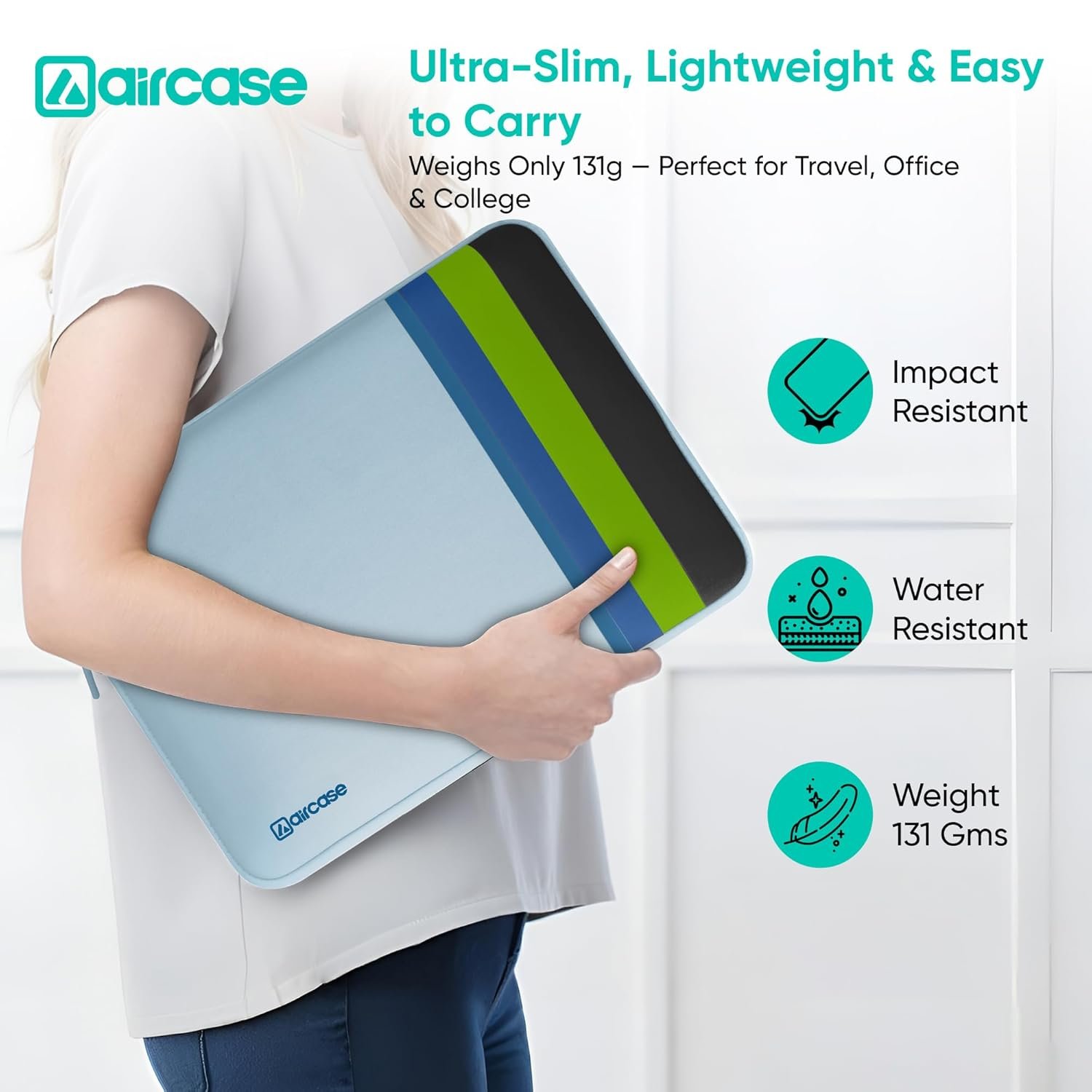 AirCase Protective Laptop Bag Sleeve fits Upto 15.6" Laptop/MacBook, Wrinkle Free, Padded, Water Resistant Light Neoprene case Cover Pouch, for Men & Women, Aqua Blue - Image 4