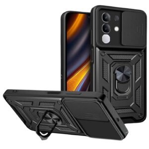 Designerz hub® Vivo T4x 5G Back Cover | Heavy Duty Hybrid Case with 360 Degree Rotating Finger Ring Holder + Slider Shutter Camera Protection Case for Vivo T4x 5G – Black