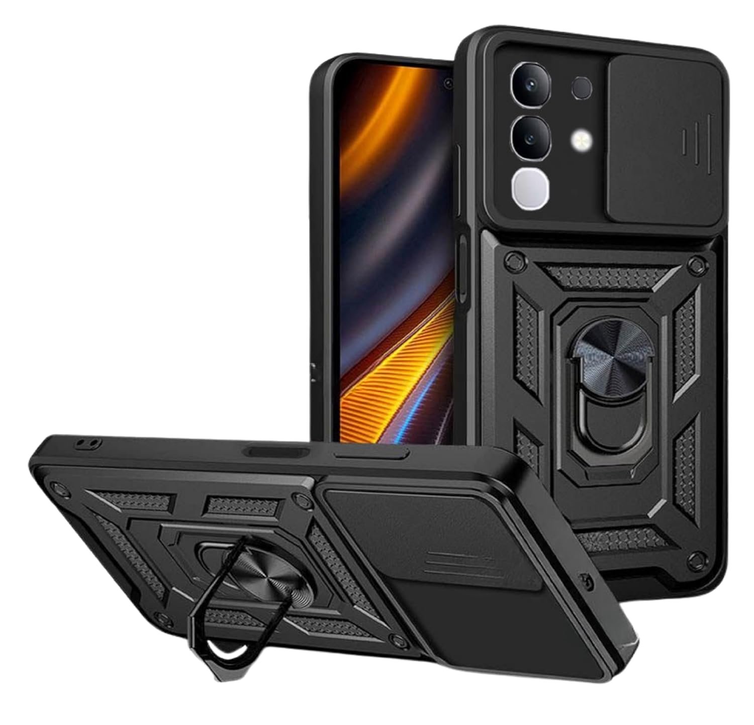 Designerz hub® Vivo T4x 5G Back Cover | Heavy Duty Hybrid Case with 360 Degree Rotating Finger Ring Holder + Slider Shutter Camera Protection Case for Vivo T4x 5G - Black