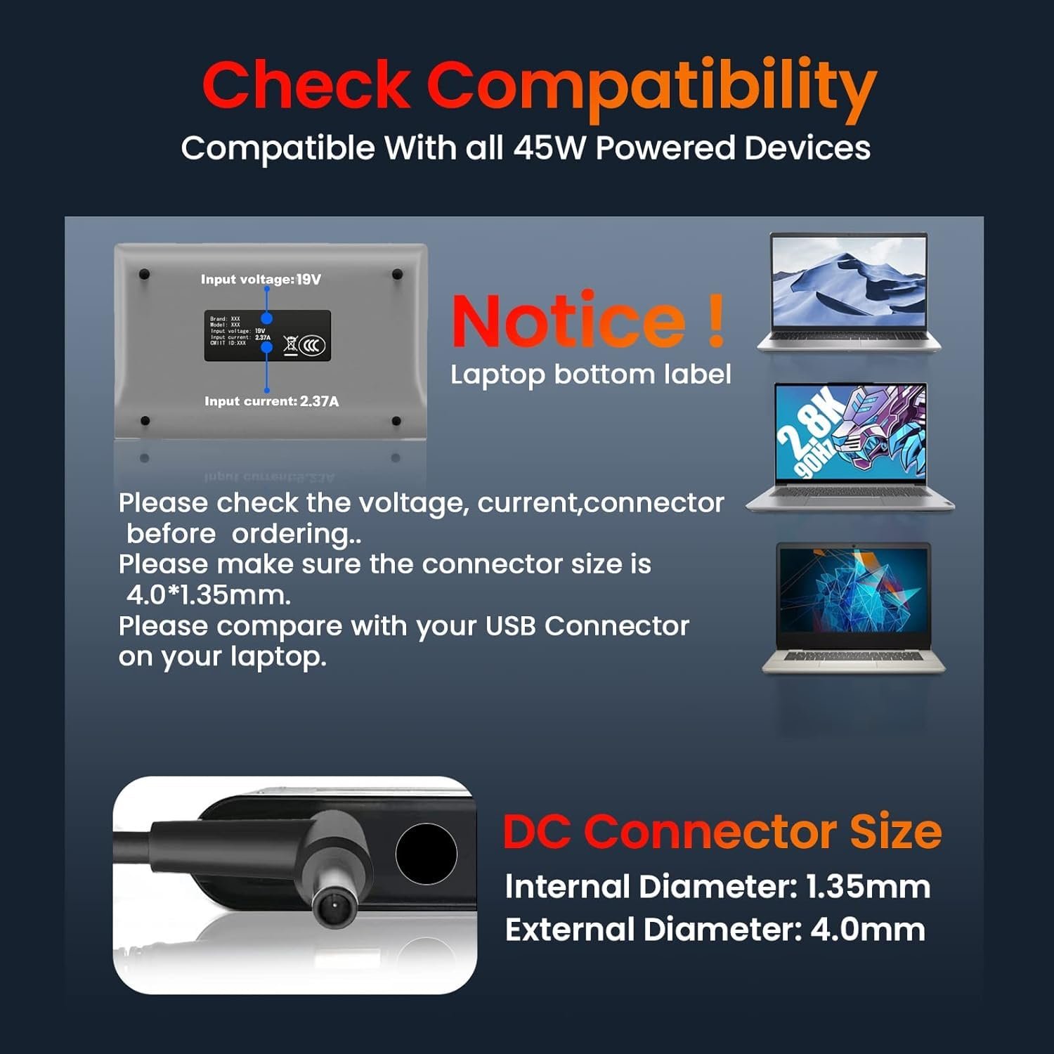 WeFly 45W Laptop Adapter for ASUS VivoBook 14 15 X540 X540UA X540S X540LA X541S X541UA X553M Zenbook UX305 UX305F UX310U UX31A UX330 E203 E203M E203MA E203N E203NA AC Adapter Power Supply C0017