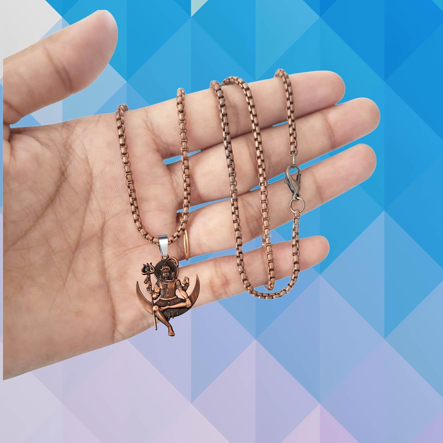 M Men Style Solid Brass Lord Shiva Pendant Necklace With 22 Inch Box Stainless Steel Chain - Hindu God Amulet for Protection & Devotion-Mahadev Amulet Jewelry for Men & Women - Image 5