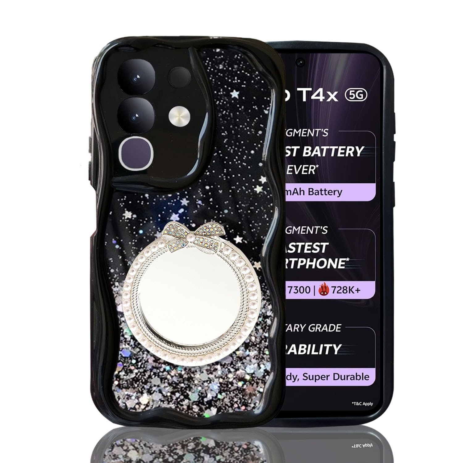 KC Back Cover for Vivo T4x 5G / iQOO Z10x 5G - 3D New Curly Wave Dry Fixed Non Moving Starry Glitter Diamond Bow Mirror Soft Silicone Camera Protection Case (Black)