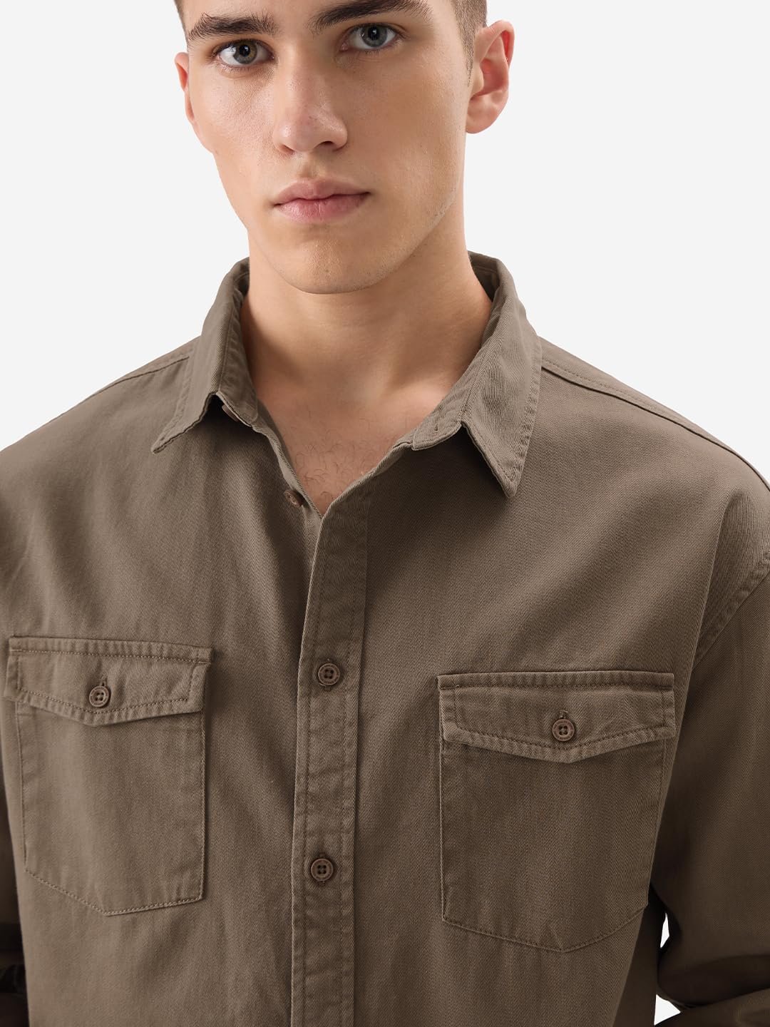 The Souled Store Solids: Brown Men and Boys Long Sleeve Collared Neck Button Front Regular Fit Utility Shirts - Image 5