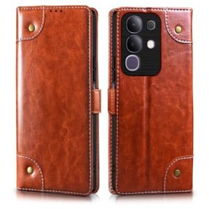 FLIPPED Vegan Leather Metal Garnish Design Flip Case Back Cover for Vivo T4x 5G | iQoo Z10x 5G | Vivo Y31 Pro 5G | Lightweight | Hand-Stitched Finish | Card Pockets Wallet & Stand | Hazel Brown