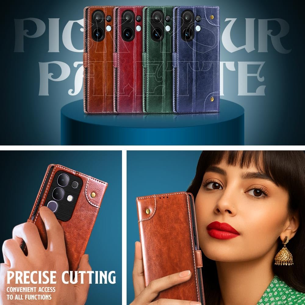 FLIPPED Vegan Leather Metal Garnish Design Flip Case Back Cover for Vivo T4x 5G | iQoo Z10x 5G | Vivo Y31 Pro 5G | Lightweight | Hand-Stitched Finish | Card Pockets Wallet & Stand | Hazel Brown - Image 7