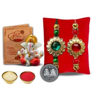 Kundhan Rakhi with Ganesh idol Combo With Roli chawal and Rakshabandhan Greeting card (2RGS)