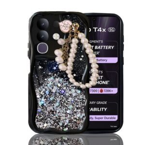 KC Back Cover for Vivo T4x 5G / iQOO Z10x 5G – 3D New Curly Wave Dry Fixed Non Moving Starry Glitter Pearl Wrist Hanging Chain Shockproof Soft Silicone Camera Protection Case (Black)