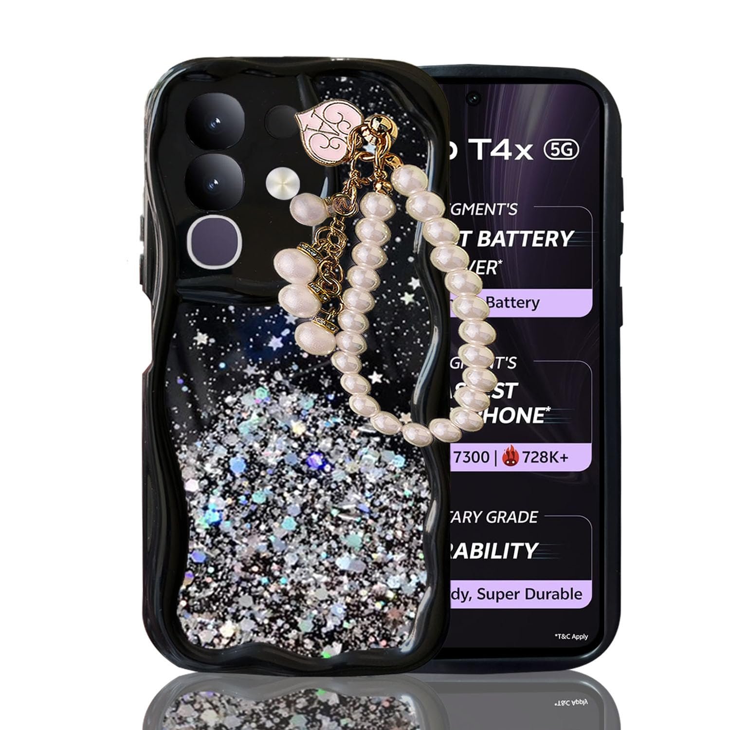 KC Back Cover for Vivo T4x 5G / iQOO Z10x 5G - 3D New Curly Wave Dry Fixed Non Moving Starry Glitter Pearl Wrist Hanging Chain Shockproof Soft Silicone Camera Protection Case (Black)