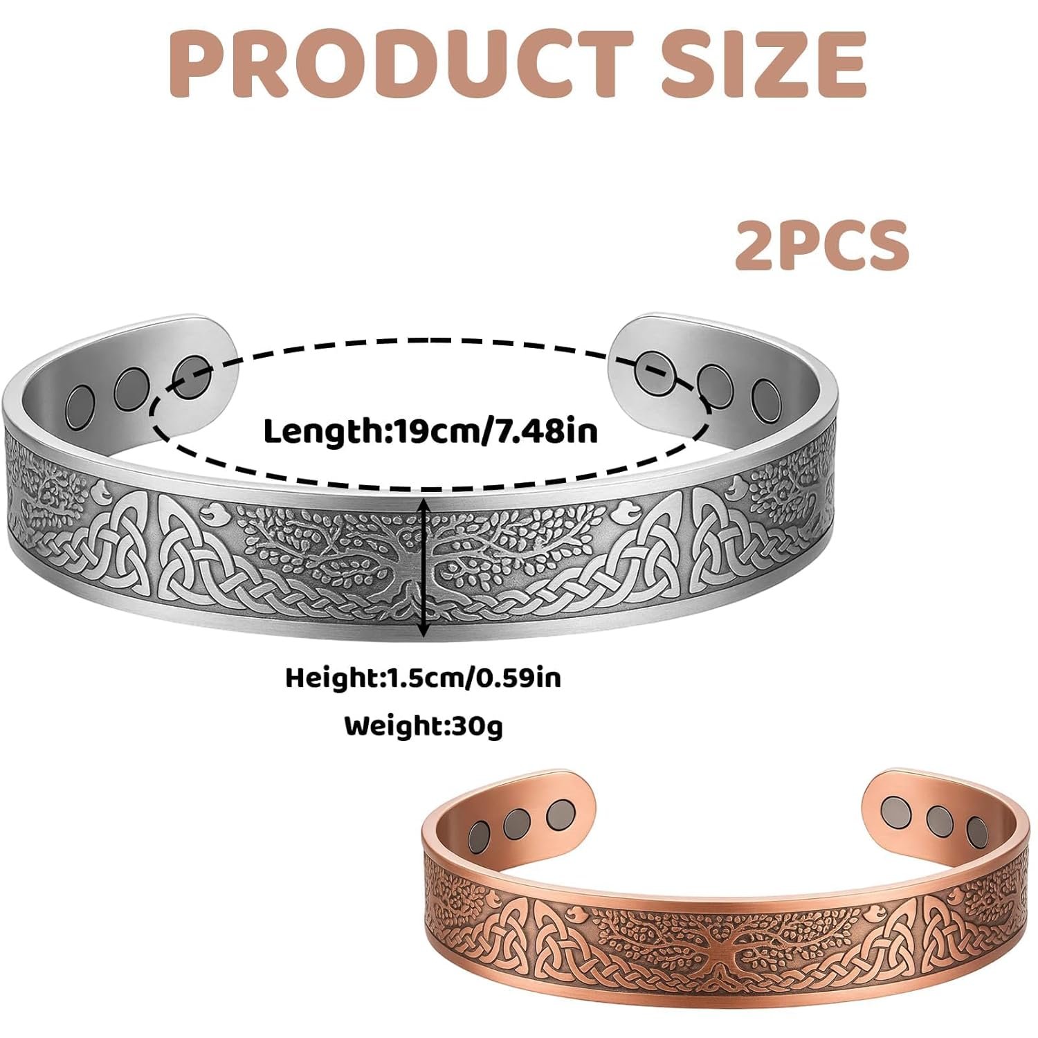 2 Pcs Copper Bracelet for Men and Women 99.9% Pure Copper Bangle 7.5in New Upgrades in 2025 Adjustable for Arthritis with 6 Magnets for Effective Joint Pain Relief, Arthritis, RSI, Carpal Tunnel - Image 2