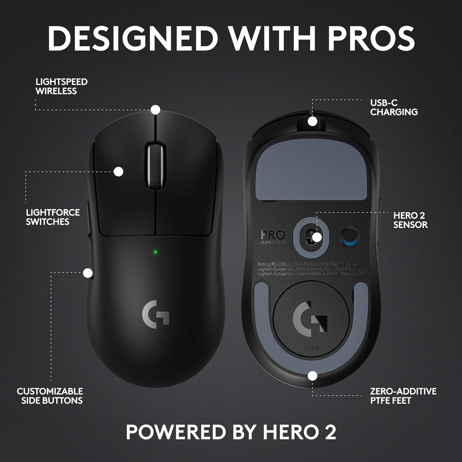 Logitech G PRO X Superlight 2 Lightspeed Wireless Gaming Mouse, Lightweight, LIGHTFORCE Hybrid Switches, Hero 2 Sensor, 32,000 DPI, 5 Programmable Buttons, USB-C Charging, PC & Mac - Black - Image 10