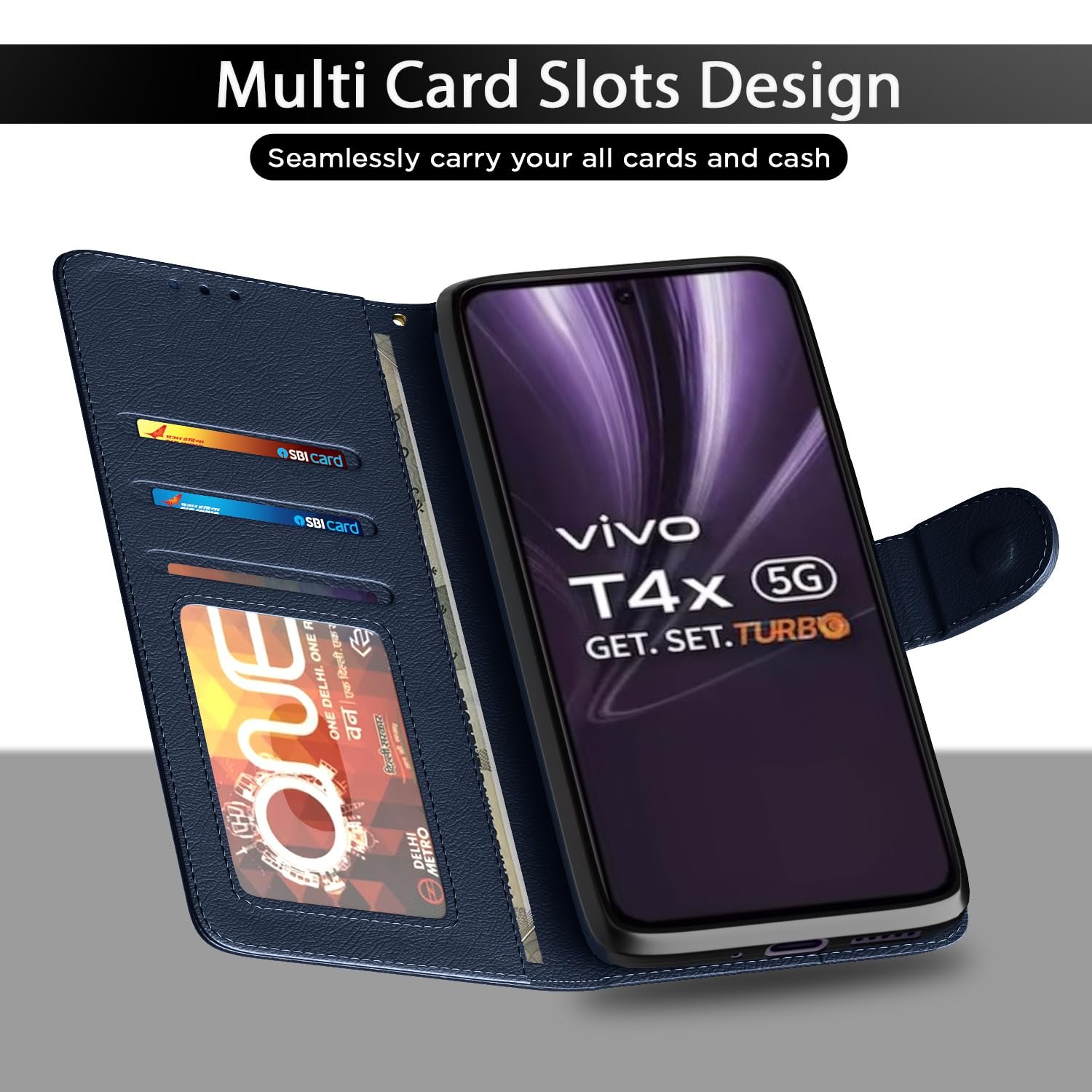 Amazon basics Flip Cover for Vivo T4x 5G / iQoo Z10x 5G Leather Finish | Wallet Stand and Shock Proof | Inside TPU with Card Pockets | Complete Protection Flip Case(Blue) - Image 4