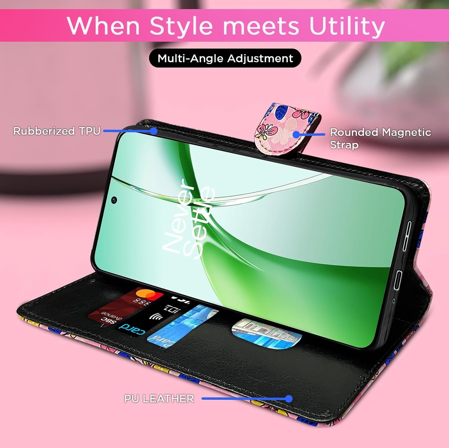 Pikkme OnePlus Nord CE 4 5G Flip Cover for Girls Leather Finish | Inside TPU with Card Pockets | Wallet Stand and Shock Proof | Complete Protection Flip Case (Pink Flower) - Image 5