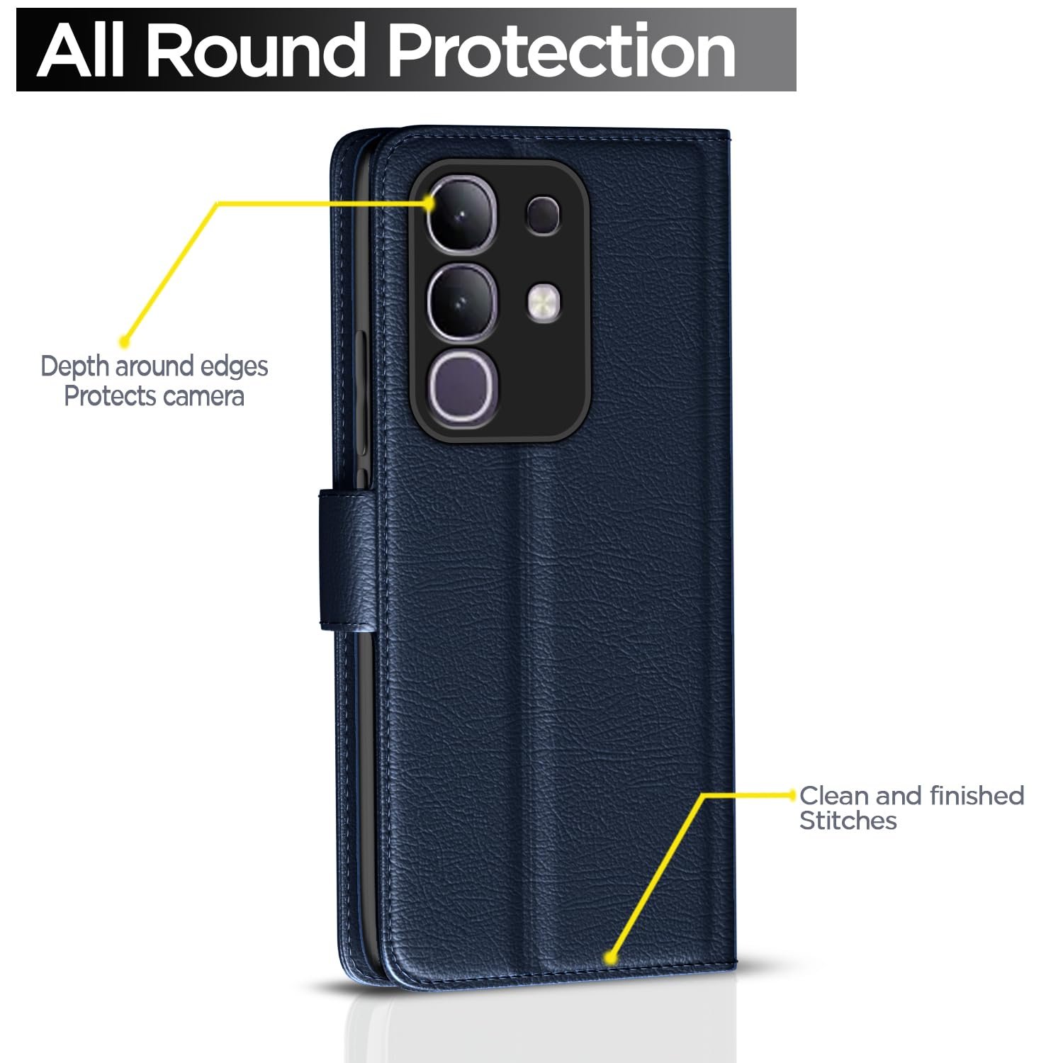 Amazon basics Flip Cover for Vivo T4x 5G / iQoo Z10x 5G Leather Finish | Wallet Stand and Shock Proof | Inside TPU with Card Pockets | Complete Protection Flip Case(Blue) - Image 3
