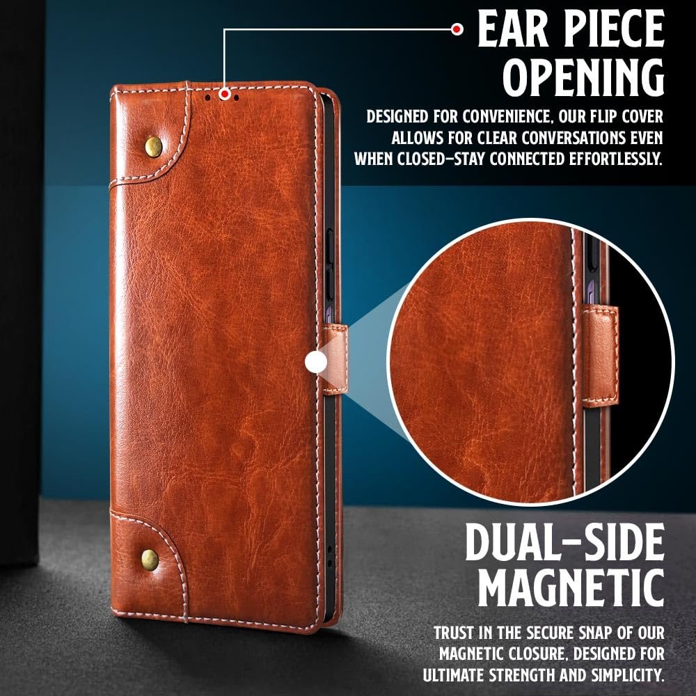 FLIPPED Vegan Leather Metal Garnish Design Flip Case Back Cover for Vivo T4x 5G | iQoo Z10x 5G | Vivo Y31 Pro 5G | Lightweight | Hand-Stitched Finish | Card Pockets Wallet & Stand | Hazel Brown - Image 6