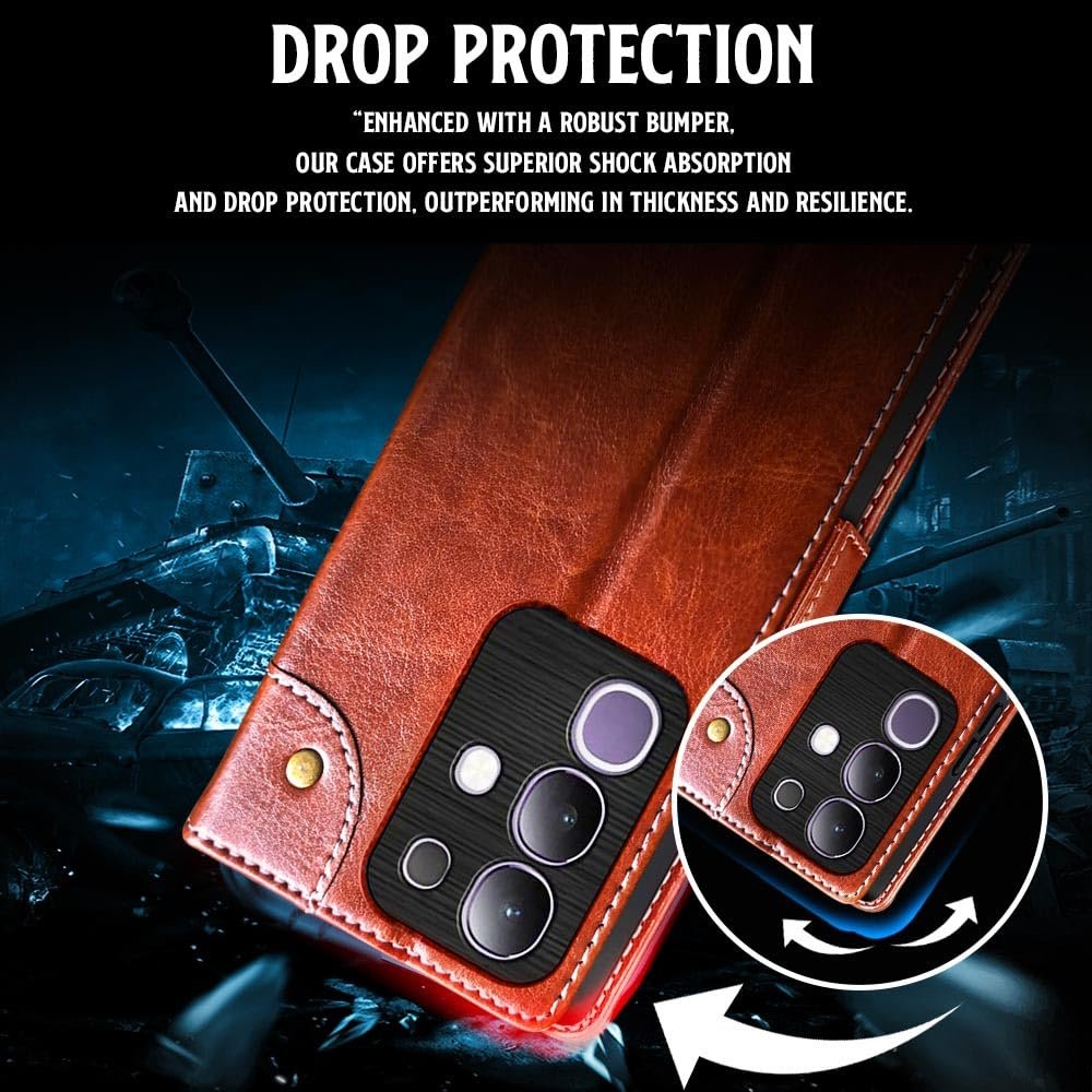 FLIPPED Vegan Leather Metal Garnish Design Flip Case Back Cover for Vivo T4x 5G | iQoo Z10x 5G | Vivo Y31 Pro 5G | Lightweight | Hand-Stitched Finish | Card Pockets Wallet & Stand | Hazel Brown - Image 4