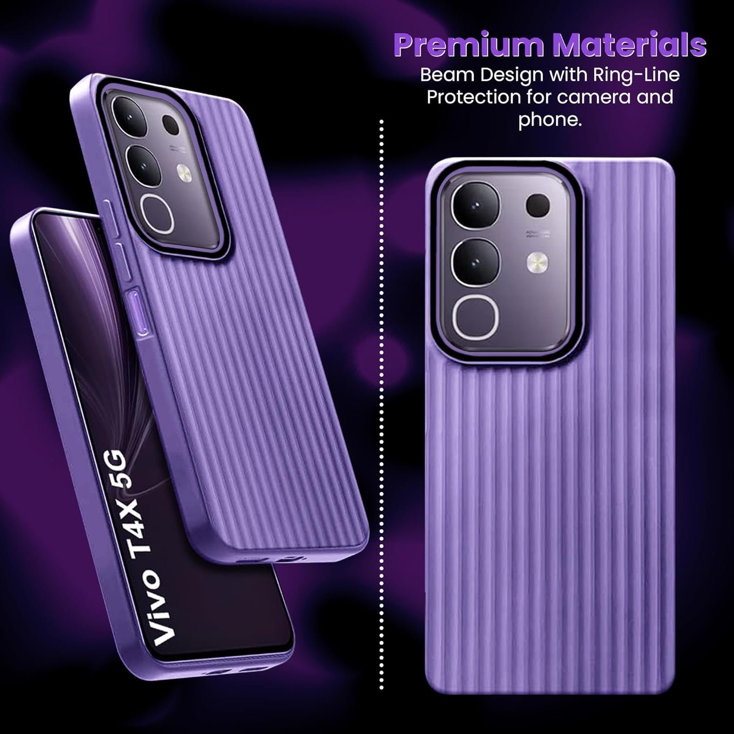 ArmourPro IQOO Z10x 5G / Vivo T4x 5G (6.72 Inches) Back Cover | Ring Line Camera Protection | Vertical Beam Bump Protection | Soft Rubberised Ring Line Beam Back Case (Purple) - Image 4