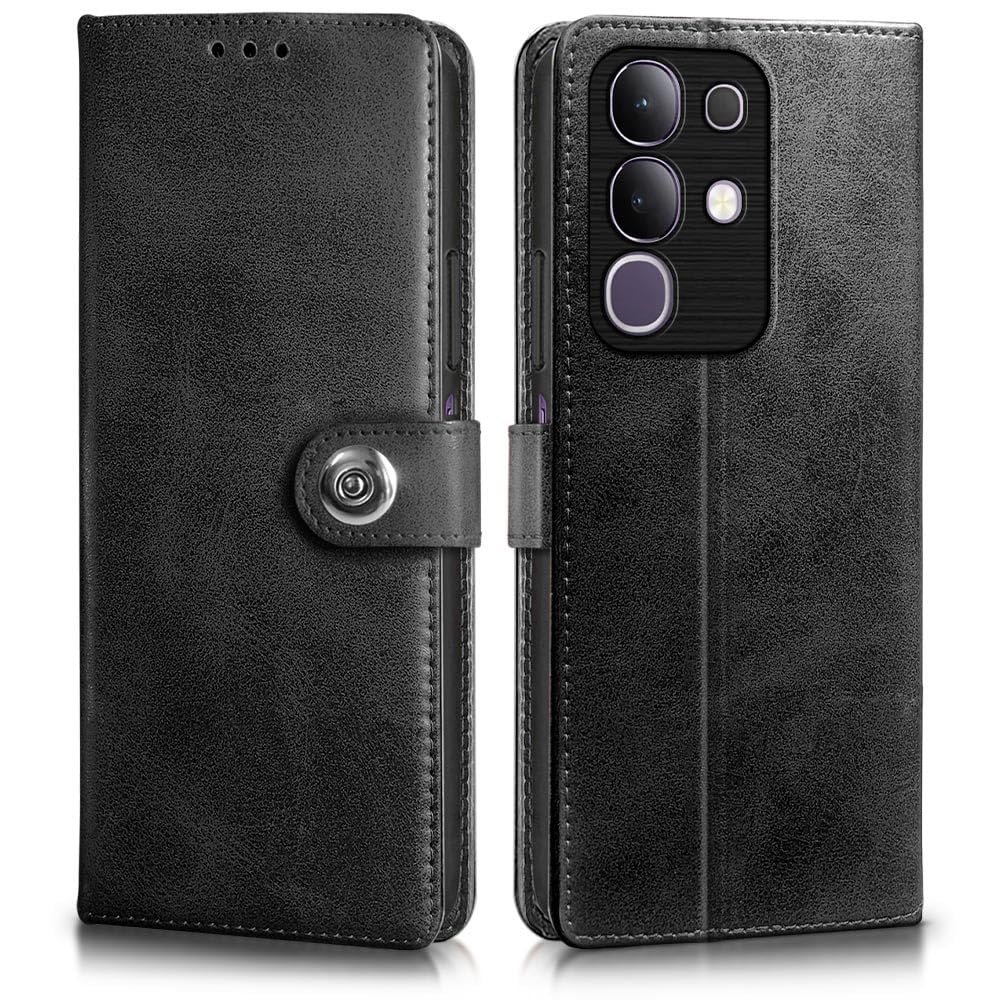 WOW IMAGINE Shock Proof Flip Cover Back Case for Vivo T4x 5G | iQoo Z10x 5G | Vivo Y31 Pro 5G (Magnetic Button Flip Case | Wallet Pockets & Stand | Leather Finish | Haze Black)