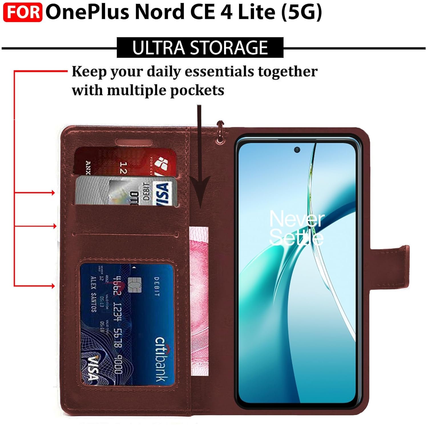 CEDO OnePlus Nord CE 4 lite / CE4 lite (5G) Flip Cover | Leather Finish | Inside Pockets & Inbuilt Stand | Shockproof Wallet Style Magnetic Closure Back Case Flipcover (Brown) - Image 4