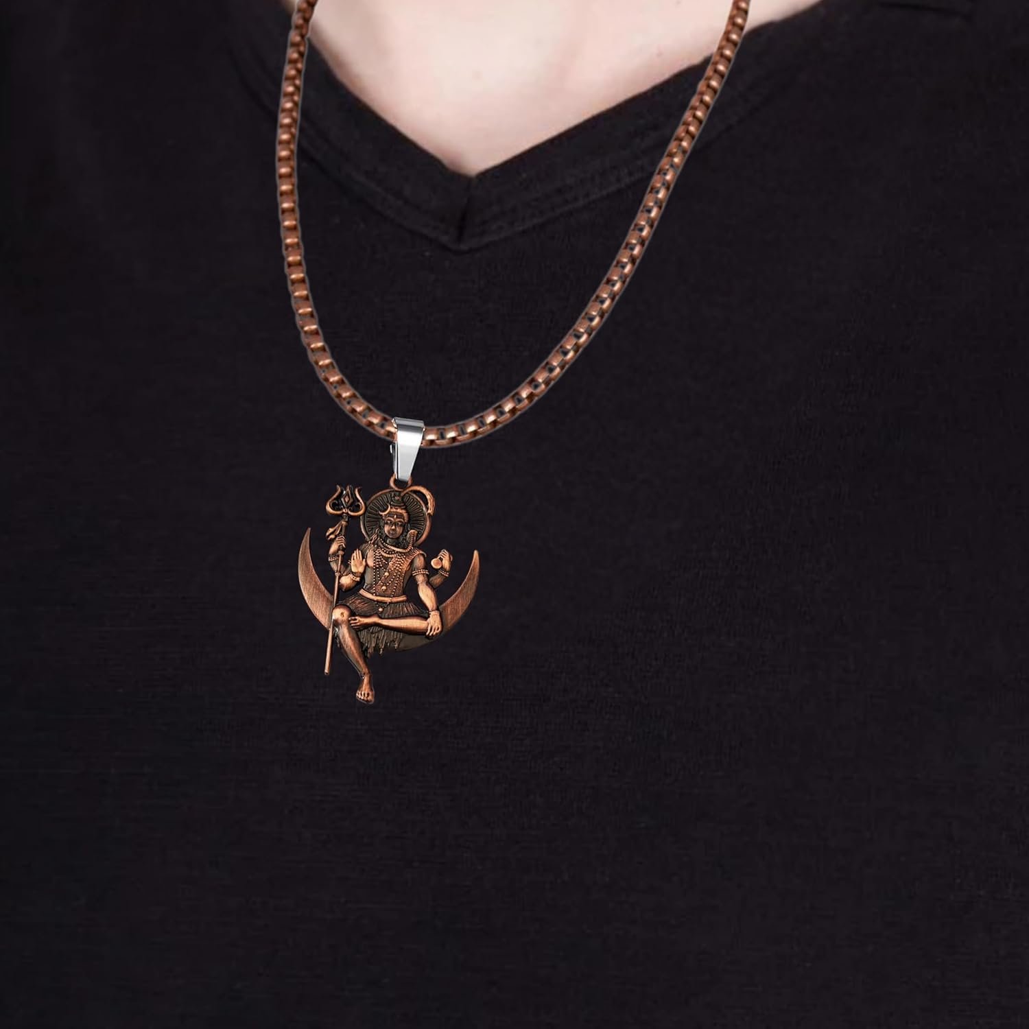 M Men Style Solid Brass Lord Shiva Pendant Necklace With 22 Inch Box Stainless Steel Chain - Hindu God Amulet for Protection & Devotion-Mahadev Amulet Jewelry for Men & Women - Image 8