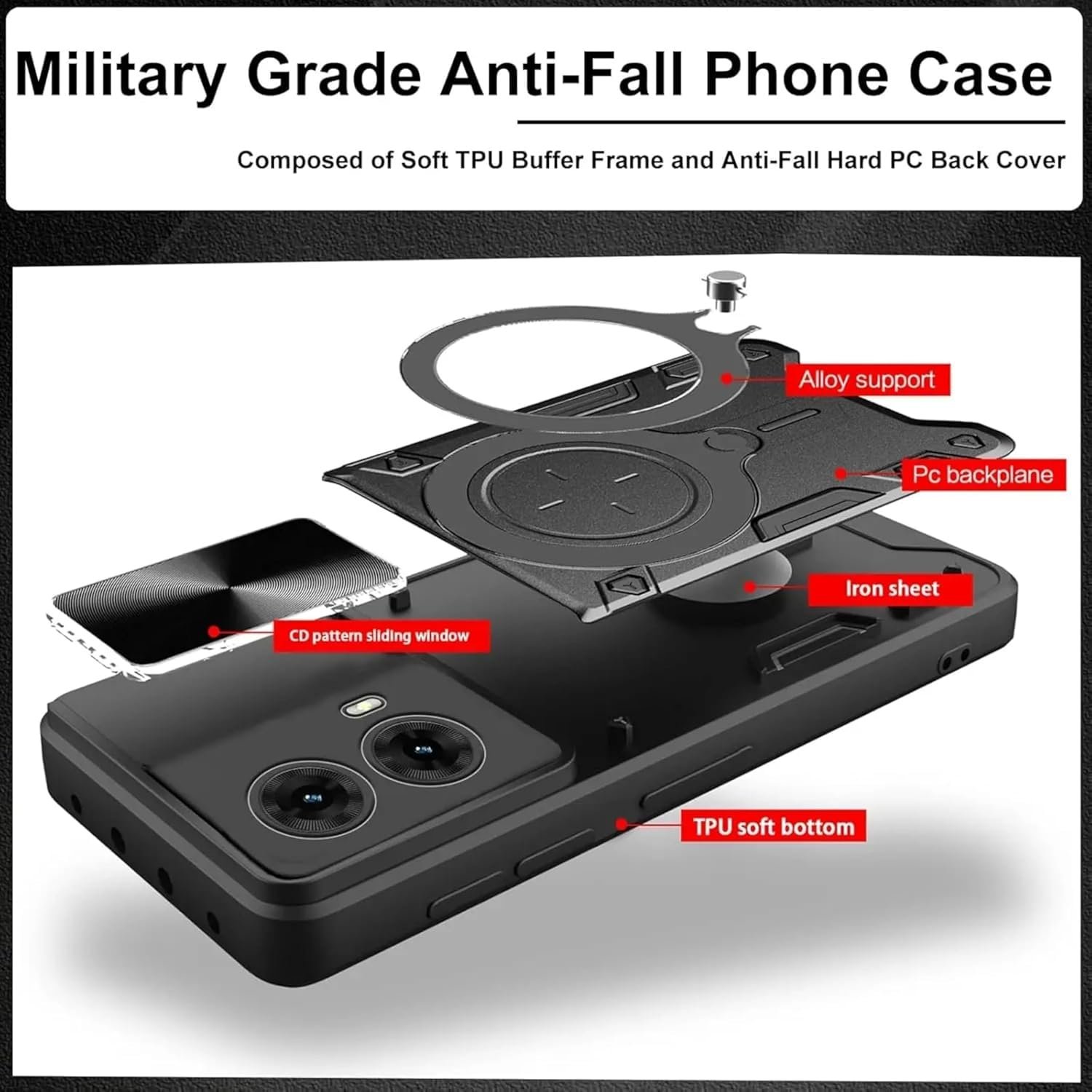 Designerz hub® Oppo F31 5G Back Case | Hybrid Case with 360 Degree Rotating Finger Ring Holder + Slider Shutter Camera Protection Case for Oppo F31 5G- Black - Image 3