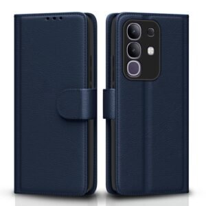 Amazon basics Flip Cover for Vivo T4x 5G / iQoo Z10x 5G Leather Finish | Wallet Stand and Shock Proof | Inside TPU with Card Pockets | Complete Protection Flip Case(Blue)