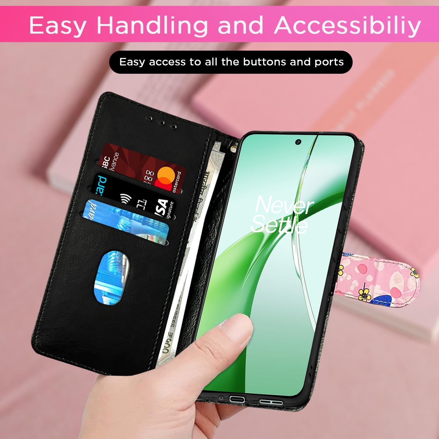 Pikkme OnePlus Nord CE 4 5G Flip Cover for Girls Leather Finish | Inside TPU with Card Pockets | Wallet Stand and Shock Proof | Complete Protection Flip Case (Pink Flower) - Image 7