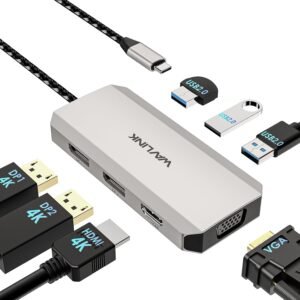 WAVLINK USB C Dock Quad Monitor, 7-in-1 Laptop Docking Station, Multiport Adapter with Dual 4K DP, 4K HDMI, 1080P VGA, 480Mbps USB2.0-A for MacBook, Dell XPS, Lenovo Thinkpad, and HP Laptops