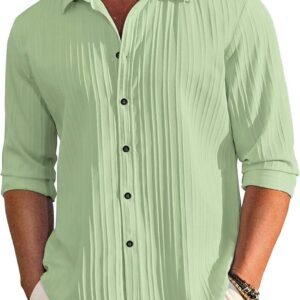 DEELMO Men’s Casual Button Down Shirts Long Sleeve Linen Shirt Fashion Textured Beach Summer Shirt