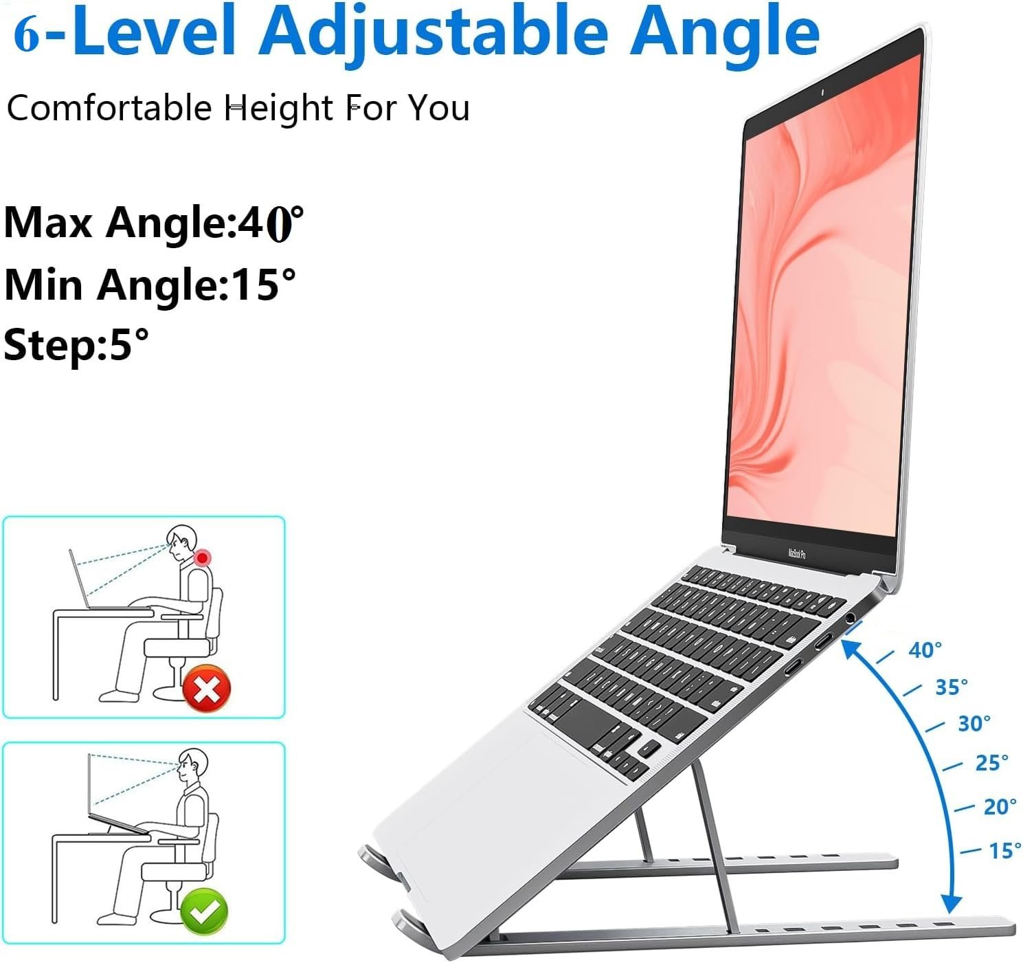 6 Angles Adjustable Aluminum Foldable Portable Tabletop Laptop/Desktop Riser Stand Holder Compatible for MacBook, HP, Dell, Lenovo & All Other Notebook (Silver) - Image 3