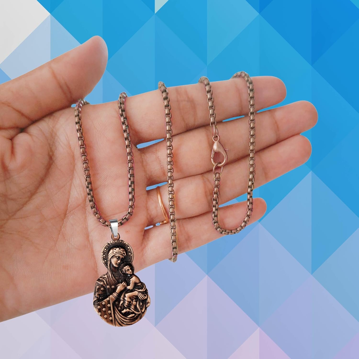 M Men Style Virgin Mary & Baby Jesus Pendant Necklace for Men & Women | Antique Copper-Tone Religious Pendant with 22 Inch Chain | Christian Faith Jewelry Gift Copper SPn2025345 - Image 3