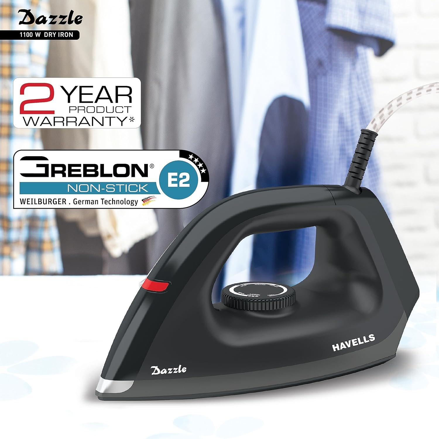 Havells Dry Iron Dazzle 1100 Watts, Iron Press, Greblon Non Sick Soleplate with German Technology| Shock Proof Body| Aerodynamic Design, 360° Swivel Cord|2 Years Door Step Warranty by Havells (Black) - Image 2
