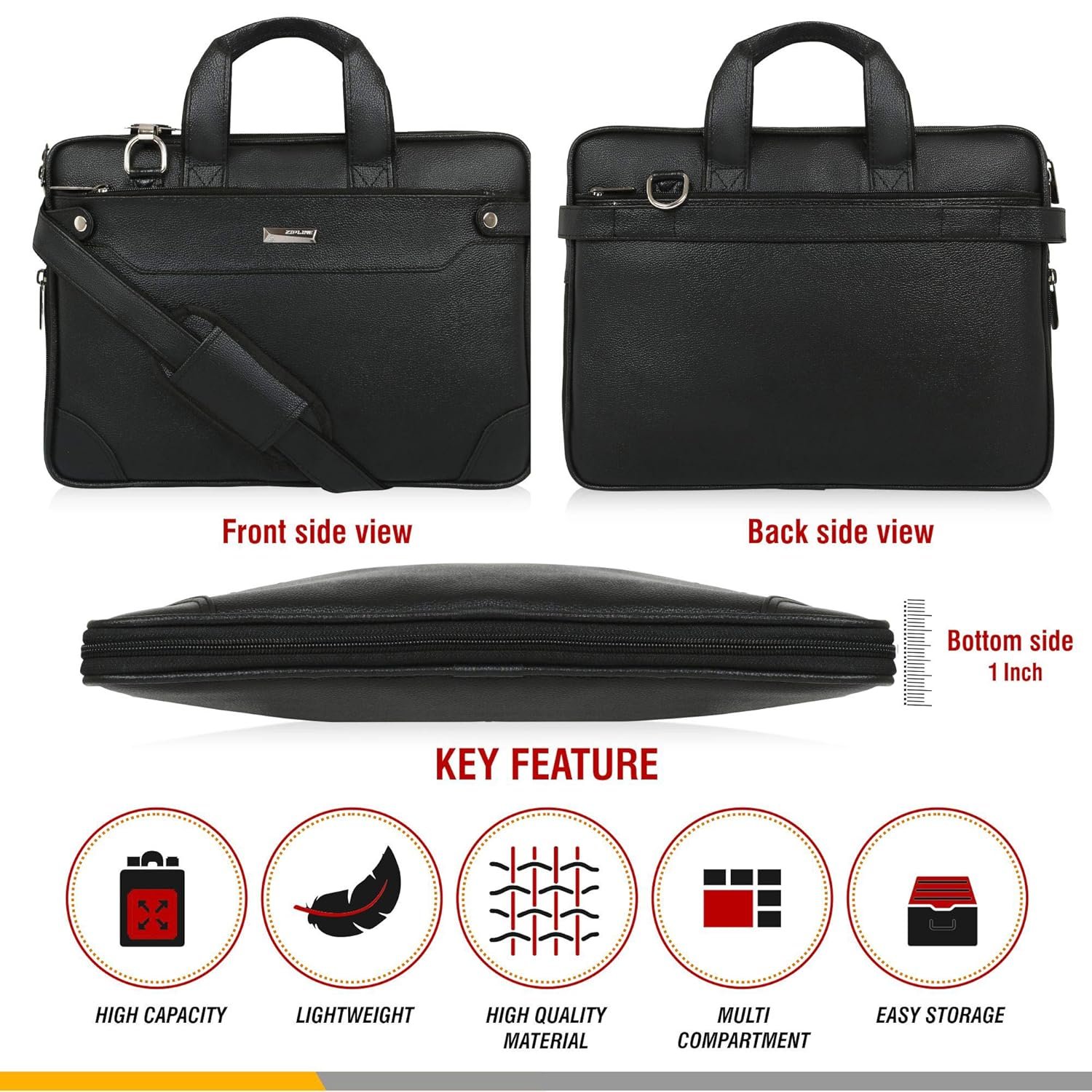 Zipline Laptop bags for men office use | Faux Leather Laptop Bag for Man - Fits 14/15.6/16 inch Laptop, Macbook, Macbook Pro Messenger Bags for Mens (1-Black Bag) - Image 3